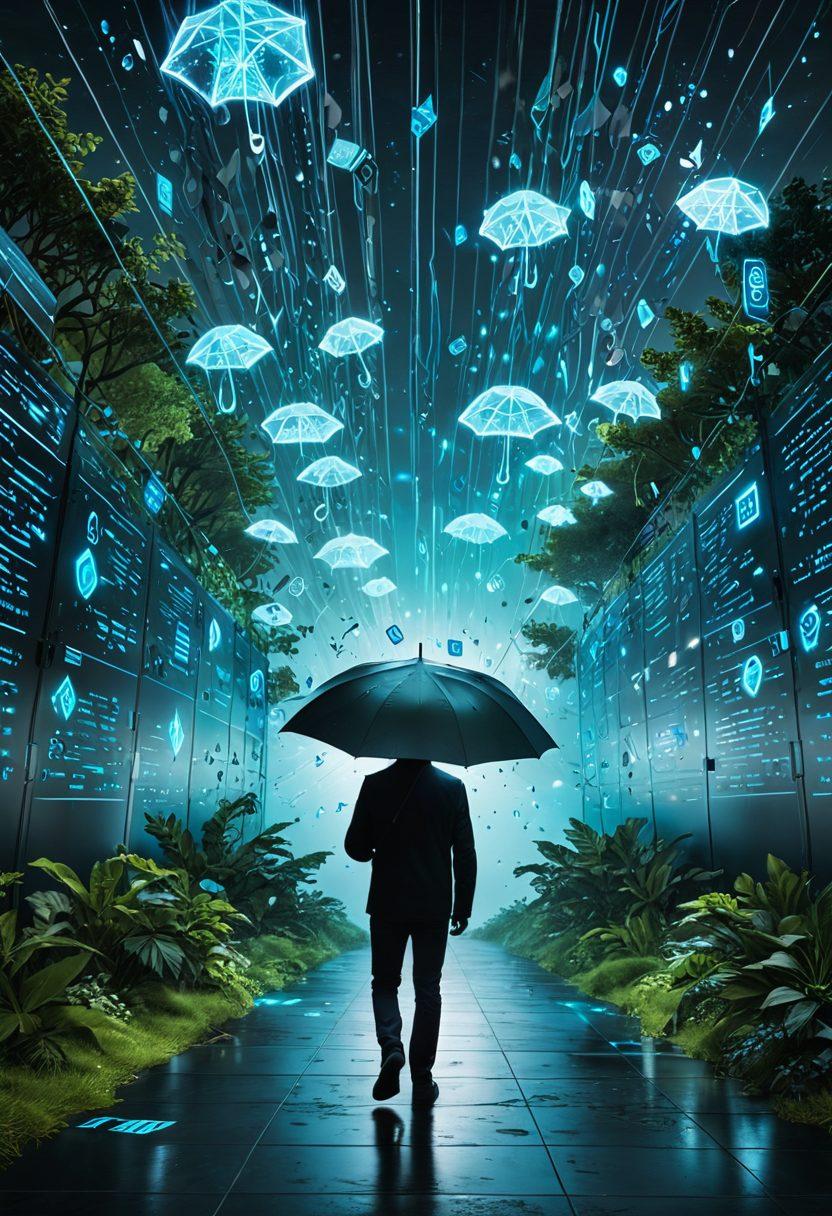 A dynamic digital landscape depicting a person navigating a virtual world, surrounded by floating insurance symbols like shields, umbrellas, and contracts. The scene incorporates elements representing cyberspace such as binary code and cloud imagery, visually signifying risks and protections. The color palette should be a blend of cool blues and greens to evoke a sense of security, while various virtual icons radiate energy, symbolizing effective strategies. super-realistic. vibrant colors. 3D.