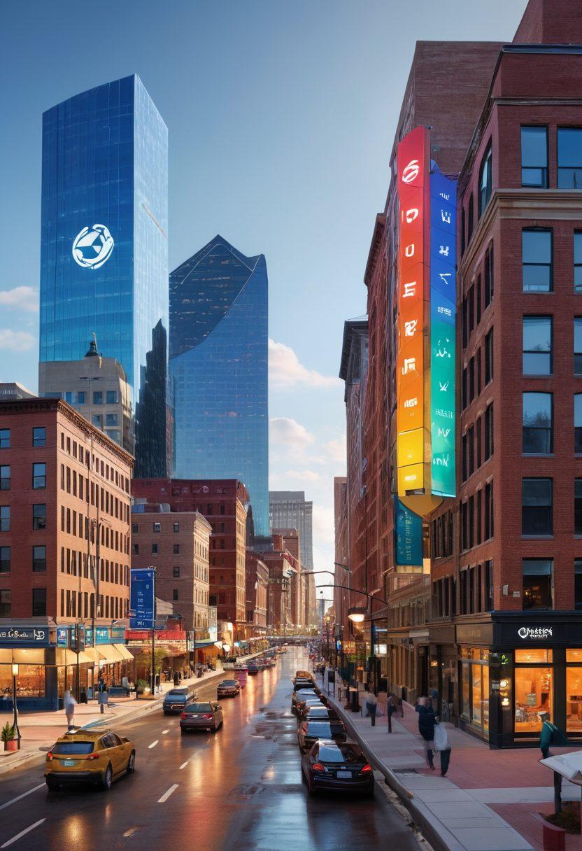 A detailed cityscape of Deluth, featuring digital overlays of insurance symbols like shields and checkmarks, representing coverage and benefits. Include abstract representations of risk management, such as fluctuating graphs and protective hands. The backdrop should depict modern architecture and technology, symbolizing progress in digital insurance. Use vibrant colors to bring the scene to life, emphasizing a sense of security and guidance. super-realistic. vibrant colors. 3D.