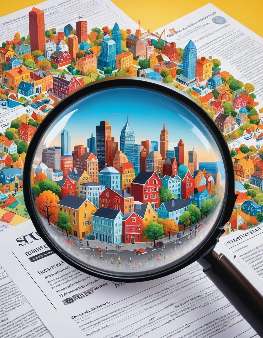 An informative collage showcasing various coverage options in Deluth, featuring a magnifying glass over health insurance documents, diverse happy families, and symbols of financial security. The background can include illustrations of Deluth's skyline, emphasizing community and support. Bright and engaging colors to attract attention and convey clarity. super-realistic. vibrant colors. 3D.